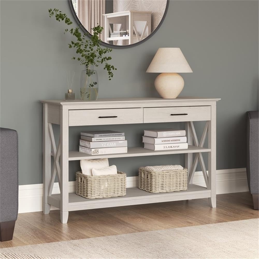 Linen White Oak Console Table with Drawers and Shelves A870713