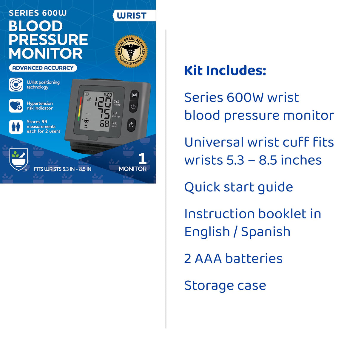 Wrist Blood Pressure Monitor, 2 Users, 198 Measurements S237082