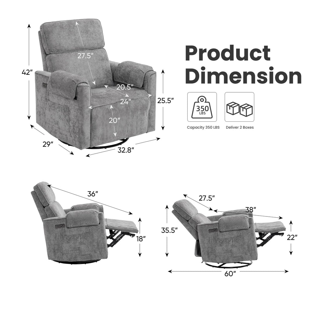 Oversized Swivel Rocking Recliner Chair with USB Ports, Grey Z6000