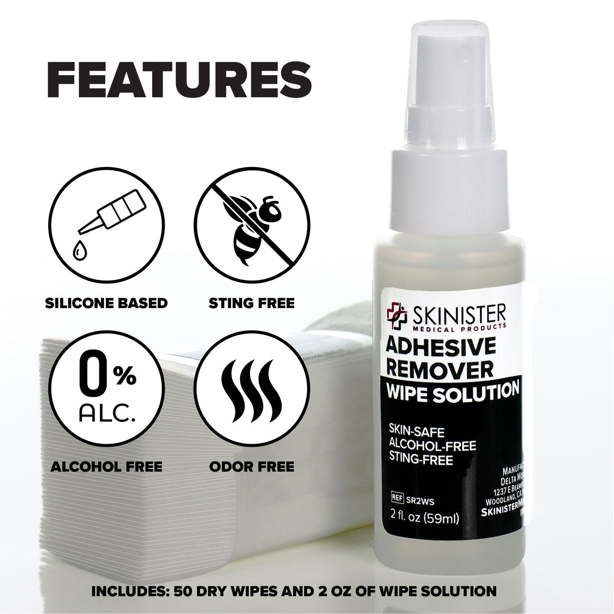 Adhesive Remover Wipes 50 Dry Wipes + 2oz Spray Solution T564