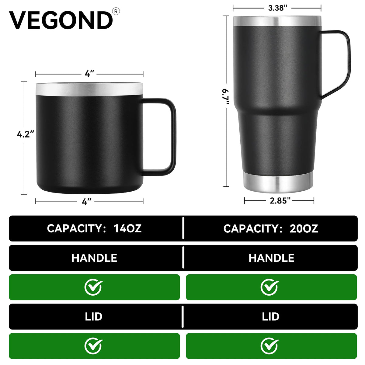 14 oz Insulated Stainless Steel Travel Coffee Mug with Handle and Lid P389