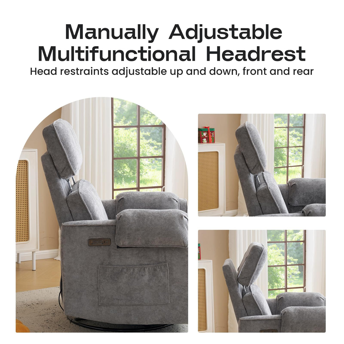 Oversized Swivel Rocking Recliner Chair with USB Ports, Grey Z6000