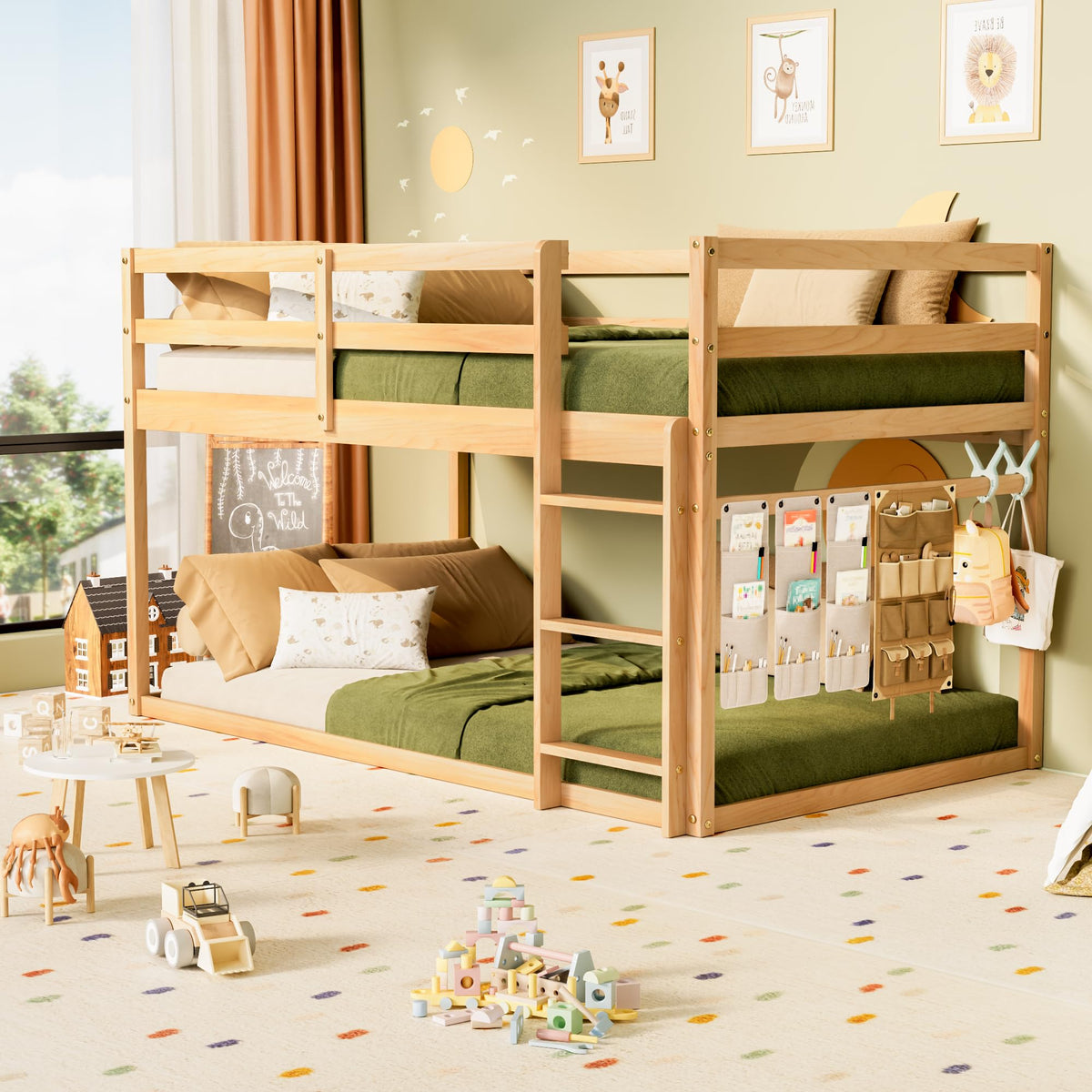 Twin Over Twin Low Bunk Bed with Ladder and Guardrails S401