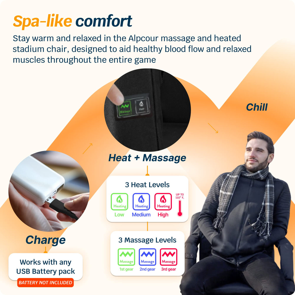 Heating Massage Reclining Stadium Seat with Arm Support G9572