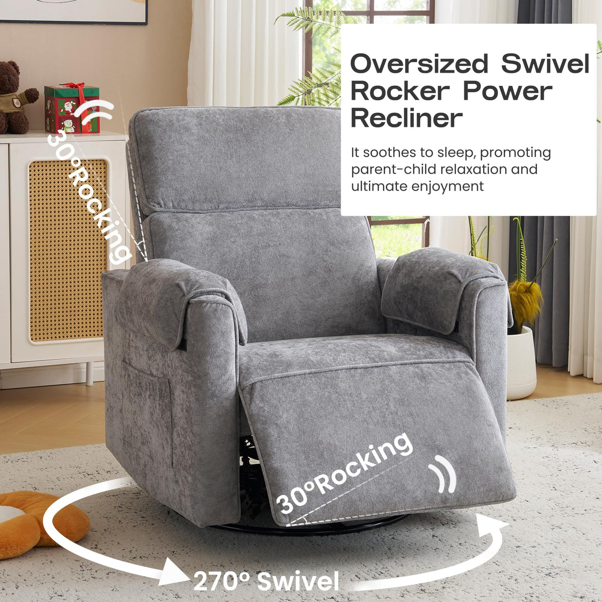 Oversized Swivel Rocking Recliner Chair with USB Ports, Grey Z6000
