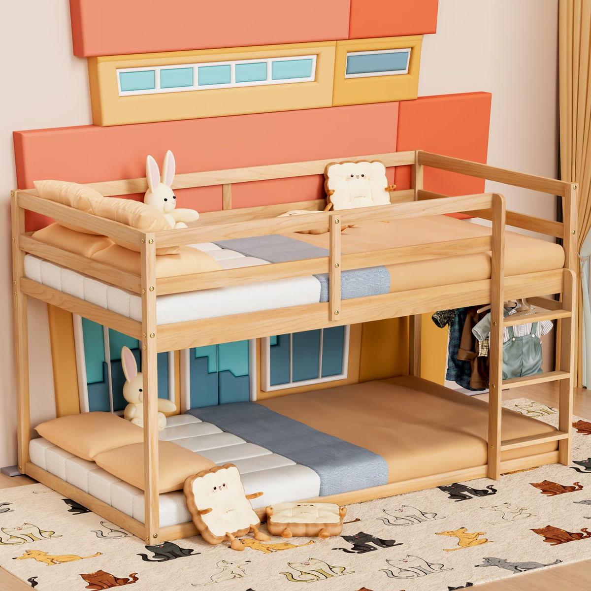 Twin Over Twin Low Bunk Bed with Ladder and Guardrails S401