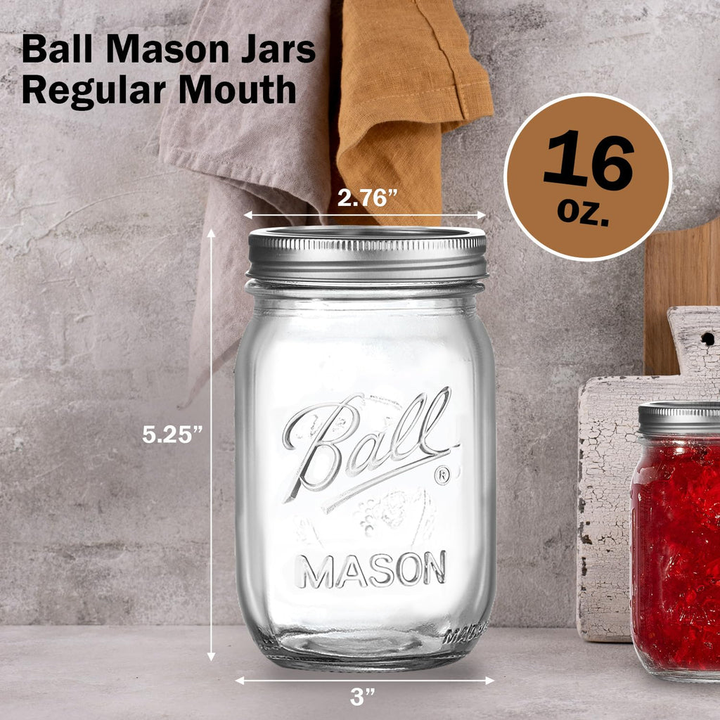 16 oz. Regular Mouth Mason Jars 12 Pack with Airtight Lids and Bands J766825